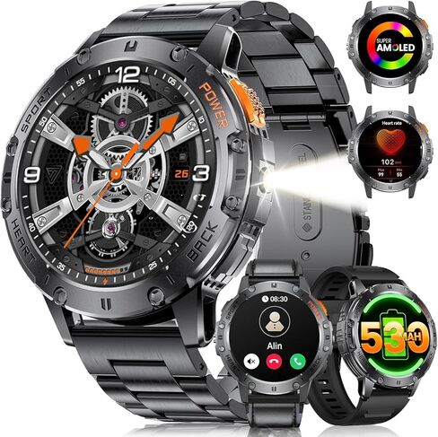 Military Smart Watches for Men(Answer/Make Calls) with LED Flashlight,530mAh Large Battery,1.43" AMOLED Sports Smartwatch with 170+ Sport Modes,5ATM Waterproof Fitness Tracker for iOS Android,3 Straps in Saudi Arabia