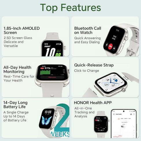 ساعة HONOR Choice Watch 2i، شاشة AMOLED مقاس 1.85 بوصة، ساعة ذكية للاتصال بالبلوتوث، عمر بطارية 14 يومًا، متوافقة مع Android وiOS، ساعة ذكية لمراقبة معدل ضربات القلب، IP68، أسود in Kuwait
