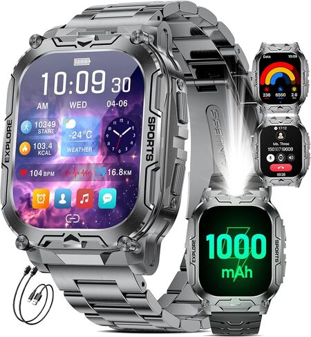 TX12 Smart Watch for Men, 1000 mAh Battery/LED Flashligh Military Smart Watches, 2.01'' HD Fitness Tracker, 100+ Sports Mode/Pedometer/IP68 Waterproof Smartwatch for Android iOS Phones, Black in Saudi Arabia