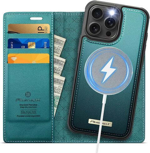 حافظة محفظة لهاتف iPhone 13 Pro Max متوافقة مع Magsafe، 2 في 1 من جلد البولي يوريثان فليب RFID حامل بطاقات مانع للصدمات غطاء مغناطيسي قابل للفصل لهاتف iPhone 13 Pro Max 6.7 بوصة، أزرق أخضر in Kuwait
