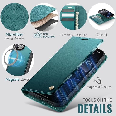 حافظة محفظة لهاتف iPhone 13 Pro Max متوافقة مع Magsafe، 2 في 1 من جلد البولي يوريثان فليب RFID حامل بطاقات مانع للصدمات غطاء مغناطيسي قابل للفصل لهاتف iPhone 13 Pro Max 6.7 بوصة، أزرق أخضر in Kuwait