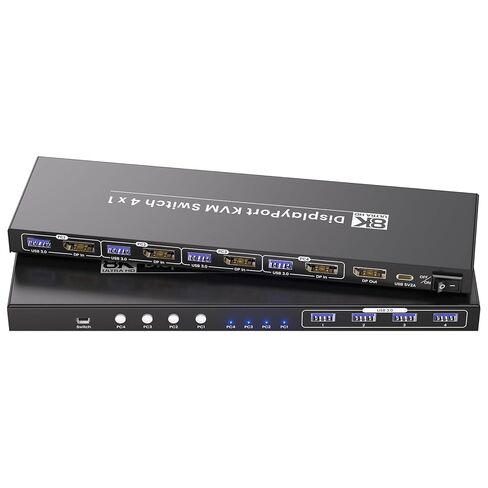 محول Displayport KVM 1 شاشة 4 أجهزة كمبيوتر، USB 3.0 8K60 هرتز 4K120 هرتز 4 منافذ DP KVM Switch للتحكم في 4 أجهزة كمبيوتر مع مجموعة واحدة من لوحة المفاتيح/الماوس وشاشة واحدة in Kuwait