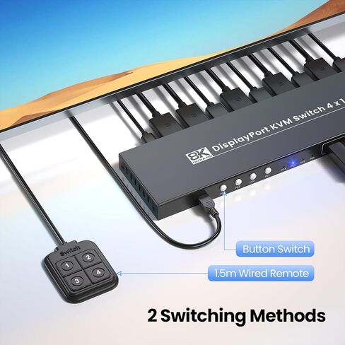 محول Displayport KVM 1 شاشة 4 أجهزة كمبيوتر، USB 3.0 8K60 هرتز 4K120 هرتز 4 منافذ DP KVM Switch للتحكم في 4 أجهزة كمبيوتر مع مجموعة واحدة من لوحة المفاتيح/الماوس وشاشة واحدة in Kuwait