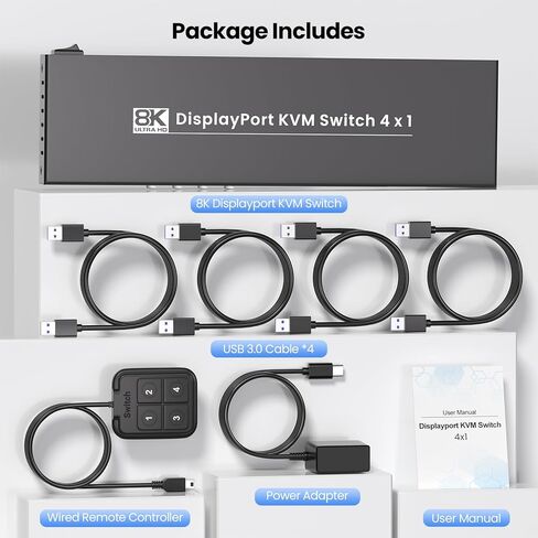 محول Displayport KVM 1 شاشة 4 أجهزة كمبيوتر، USB 3.0 8K60 هرتز 4K120 هرتز 4 منافذ DP KVM Switch للتحكم في 4 أجهزة كمبيوتر مع مجموعة واحدة من لوحة المفاتيح/الماوس وشاشة واحدة in Kuwait