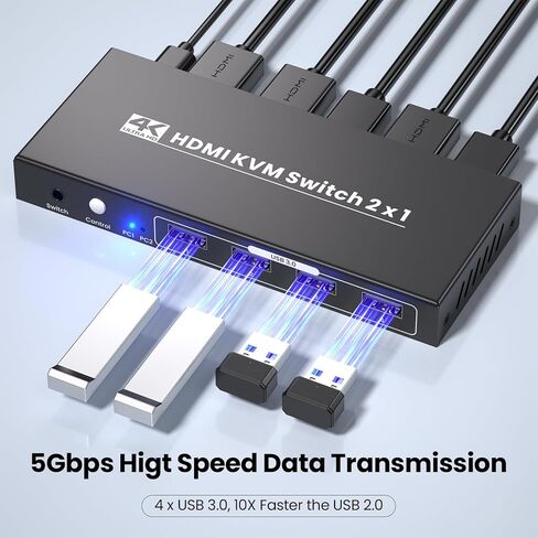 محول HDMI KVM 1 شاشة 2 جهاز كمبيوتر، USB 3.0 4K60 هرتز 2 منفذ KVM Switch للتحكم في جهازي كمبيوتر مع مجموعة واحدة من ماوس لوحة المفاتيح وشاشة واحدة in Kuwait