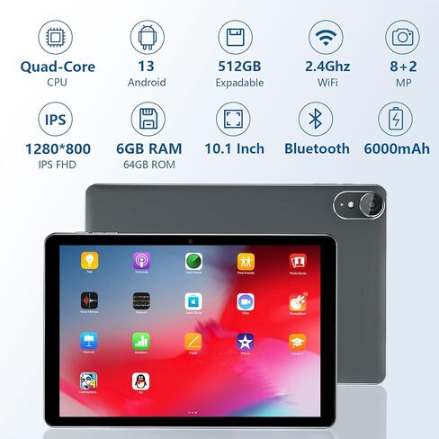 كمبيوتر لوحي ECOPAD مقاس 10.1 بوصة يعمل بنظام Android 13، وذاكرة وصول عشوائي 6 جيجابايت وذاكرة قراءة فقط 64 جيجابايت وذاكرة تخزين داخلية 512 جيجابايت قابلة للتوسيع، أجهزة لوحية رباعية النواة، شاشة لمس IPS عالية الدقة ومكبرات صوت مزدوجة، أجهزة لوحية Wi-Fi  in Kuwait