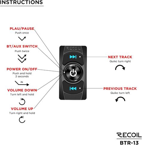 RECOIL BTR-13 وحدة تحكم صوت بلوتوث مقاومة للماء - مفتاح نمط كارلينج، IPX6، 24 بت HD، بلوتوث 5.1 APTX-HD، مدخل Aux لـ UTV، ATV، Marine، Truck، Car in Saudi Arabia