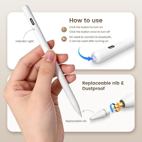 قلم Digiroot لجهاز iPad، قلم لمس سريع الشحن لشاشة اللمس، قلم شاشة iPad لرفض راحة اليد، قلم أبيض ذو نقاط دقيقة، تصميم حساسية الميل متوافق مع iPad 2018-2026 in Kuwait