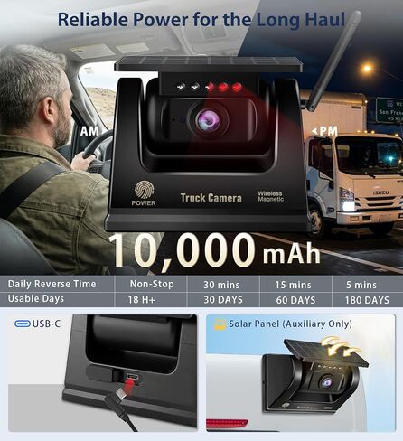 Wireless Backup Camera for Truck RV - 7" Portable Apple CarPlay Android Auto Touchscreen Monitor - 10000mAh Solar Magnetic Rear View Camera for Pickup, Trailer, Camper Van, Fifth Wheel, Box Semi Truck in Saudi Arabia