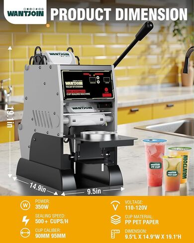 WantJoin Cup Sealing Machine - Commercial Boba Sealer Machine 2S Sealing Auto Film Alignment 90/95mm LED Panel Temperature Control, Electric Semi Automatic Cup Sealer for Bubble Milk Tea Coffee in Saudi Arabia