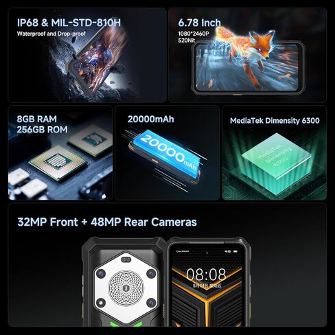هاتف P2 Pro Rugged Phone 5G مفتوح، هاتف ذكي Android 14 بقدرة 20000 مللي أمبير في الساعة، 8 جيجابايت + 128 جيجابايت، هاتف محمول بوحدة المعالجة المركزية ثماني النواة، كاميرات رباعية 32 ميجابكسل + 48 ميجابكسل، هواتف محمولة مقاومة للماء IP68، شاشة قوية 6.78 ب in Kuwait