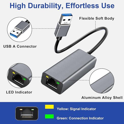 محول USB إلى إيثرنت، محول شبكة جيجابت RJ45 إلى USB بسرعة 1000 ميجا بت في الثانية، التوصيل والتشغيل، متوافق مع Nintendo Switch والكمبيوتر المحمول والكمبيوتر الشخصي وMacBook وWindows وmacOS وLinux in Kuwait