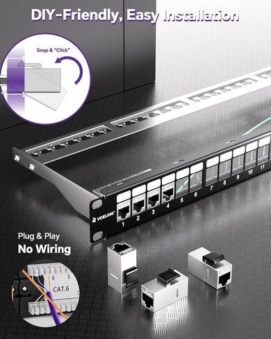 لوحة تصحيح حجر الزاوية VCELINK محمية بـ 24 منفذًا Cat6A، لوحة تصحيح إيثرنت معدنية بالكامل مقاس 1U 19 بوصة مع حجر مفتاح مضمن وشريط إدارة الكابلات، إطار توزيع شبكة SPCC مقاس 1.5 مم مع سلك تأريض in Saudi Arabia