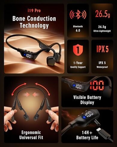 Bone Conduction Headphones, 14H Playtime Bluetooth 6.0 Open-Ear Earbuds with Mic, IPX5 Waterproof Lightweight Headset, Wireless Sport Earphones for Running, Cycling, Gym Workouts(Black) in Saudi Arabia