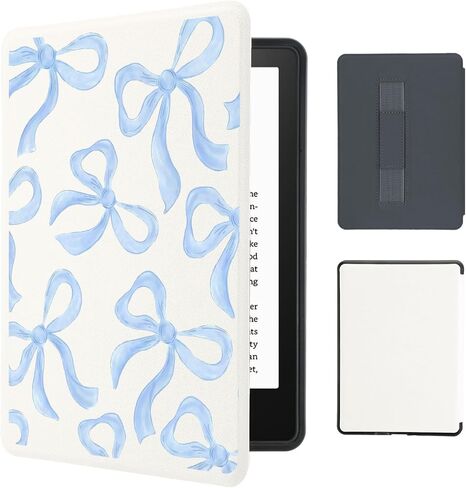 Blue Bow Case for 6" Kindle (11th Gen 2024&2022) Cute Elegant Design Cover with Hand Strap Smart Auto Wake/Sleep Soft Slim Lightweight PU Leather Shell in Saudi Arabia
