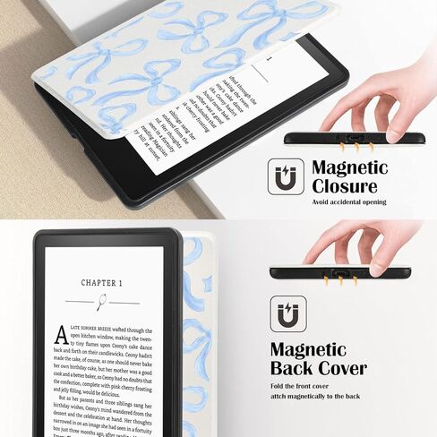 Blue Bow Case for 6" Kindle (11th Gen 2024&2022) Cute Elegant Design Cover with Hand Strap Smart Auto Wake/Sleep Soft Slim Lightweight PU Leather Shell in Saudi Arabia