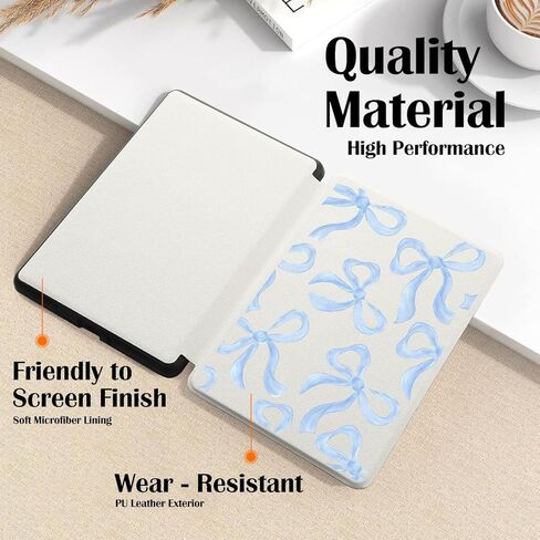 Blue Bow Case for 6" Kindle (11th Gen 2024&2022) Cute Elegant Design Cover with Hand Strap Smart Auto Wake/Sleep Soft Slim Lightweight PU Leather Shell in Saudi Arabia