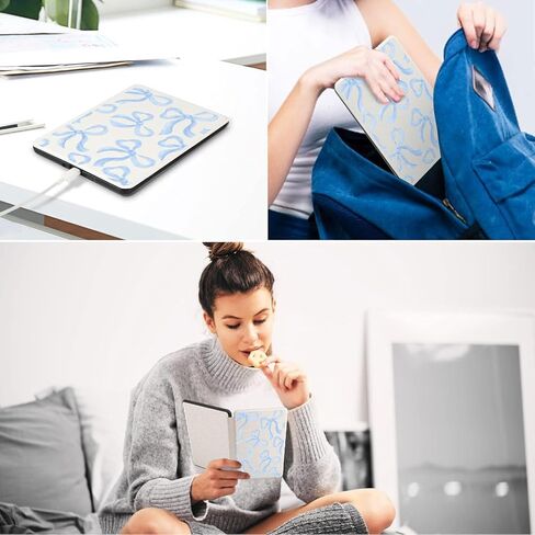 Blue Bow Case for 6" Kindle (11th Gen 2024&2022) Cute Elegant Design Cover with Hand Strap Smart Auto Wake/Sleep Soft Slim Lightweight PU Leather Shell in Saudi Arabia