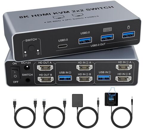 8K @ 60 هرتز HDMI KVM Switch 2 شاشات لجهازي كمبيوتر وشاشات مزدوجة | 4 منافذ USB 3.0 | مشاركة لوحة المفاتيح والماوس والأجهزة الطرفية | يشتمل على وحدة تحكم سطح المكتب و2 كابلات USB ومحول طاقة in Saudi Arabia