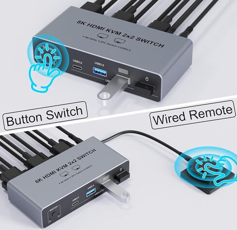 8K @ 60 هرتز HDMI KVM Switch 2 شاشات لجهازي كمبيوتر وشاشات مزدوجة | 4 منافذ USB 3.0 | مشاركة لوحة المفاتيح والماوس والأجهزة الطرفية | يشتمل على وحدة تحكم سطح المكتب و2 كابلات USB ومحول طاقة in Saudi Arabia
