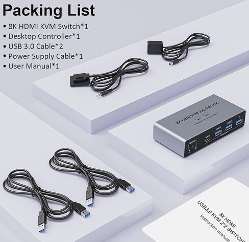 8K @ 60 هرتز HDMI KVM Switch 2 شاشات لجهازي كمبيوتر وشاشات مزدوجة | 4 منافذ USB 3.0 | مشاركة لوحة المفاتيح والماوس والأجهزة الطرفية | يشتمل على وحدة تحكم سطح المكتب و2 كابلات USB ومحول طاقة in Saudi Arabia
