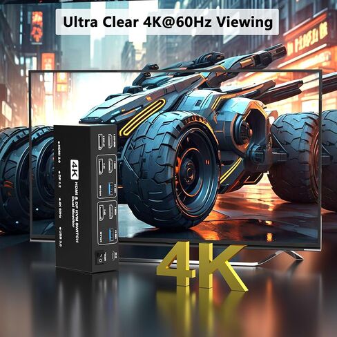 HDMI DisplayPort KVM Switch 2 شاشات 2 جهاز كمبيوتر، 4K@60 هرتز USB3.0 شاشة مزدوجة HDMI KVM Switchs منفذ عرض لجهازي كمبيوتر يشاركان شاشتين و4 أجهزة USB لطابعة ماوس Keybord in Kuwait