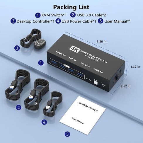 HDMI DisplayPort KVM Switch 2 شاشات 2 جهاز كمبيوتر، 4K@60 هرتز USB3.0 شاشة مزدوجة HDMI KVM Switchs منفذ عرض لجهازي كمبيوتر يشاركان شاشتين و4 أجهزة USB لطابعة ماوس Keybord in Kuwait