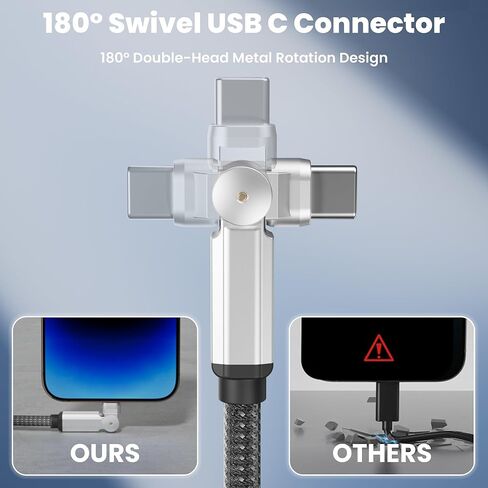 كابل USB C إلى USB C بقدرة 60 وات، رأس دوران مزدوج 180 درجة من النوع C PD سلك شحن سريع 60 وات مع مزامنة البيانات، كابل مجدول من النايلون من النوع C إلى النوع C بطول 6.6 أقدام لهاتف iPhone 17/16/15 وMacBook Air وiPad Pro وSamsung Galaxy in Kuwait