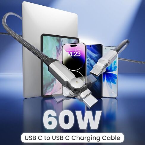كابل USB C إلى USB C بقدرة 60 وات، رأس دوران مزدوج 180 درجة من النوع C PD سلك شحن سريع 60 وات مع مزامنة البيانات، كابل مجدول من النايلون من النوع C إلى النوع C بطول 6.6 أقدام لهاتف iPhone 17/16/15 وMacBook Air وiPad Pro وSamsung Galaxy in Kuwait