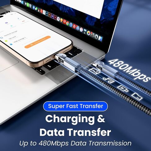 كابل USB C إلى USB C بقدرة 60 وات، رأس دوران مزدوج 180 درجة من النوع C PD سلك شحن سريع 60 وات مع مزامنة البيانات، كابل مجدول من النايلون من النوع C إلى النوع C بطول 6.6 أقدام لهاتف iPhone 17/16/15 وMacBook Air وiPad Pro وSamsung Galaxy in Kuwait