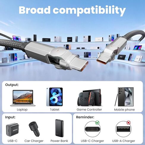 كابل USB C إلى USB C بقدرة 60 وات، رأس دوران مزدوج 180 درجة من النوع C PD سلك شحن سريع 60 وات مع مزامنة البيانات، كابل مجدول من النايلون من النوع C إلى النوع C بطول 6.6 أقدام لهاتف iPhone 17/16/15 وMacBook Air وiPad Pro وSamsung Galaxy in Kuwait