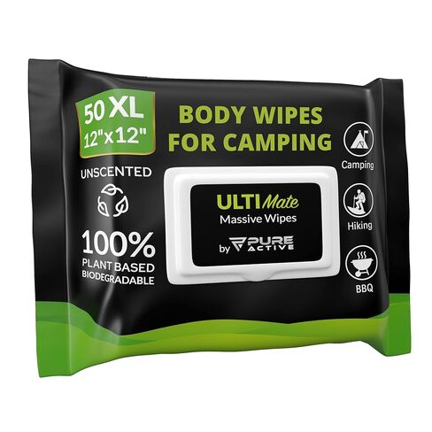 Body Wipes for Camping 50 XXL Camping Wipes 12''x 12'', Shower Body Wipes for Camping, Body and Face Wipes, Biodegradable Personal Hygiene Body Cleansing Wipes for Women Men Kids Elderly Travel in Saudi Arabia