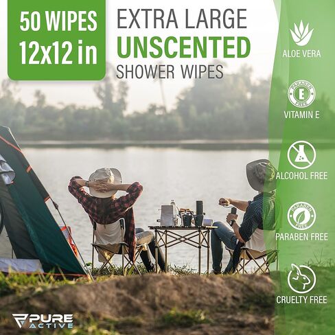 Body Wipes for Camping 50 XXL Camping Wipes 12''x 12'', Shower Body Wipes for Camping, Body and Face Wipes, Biodegradable Personal Hygiene Body Cleansing Wipes for Women Men Kids Elderly Travel in Saudi Arabia
