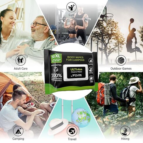 Body Wipes for Camping 50 XXL Camping Wipes 12''x 12'', Shower Body Wipes for Camping, Body and Face Wipes, Biodegradable Personal Hygiene Body Cleansing Wipes for Women Men Kids Elderly Travel in Saudi Arabia