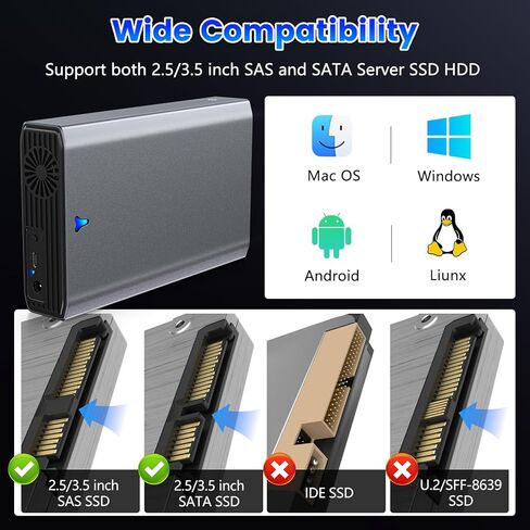 محول SAS إلى USB 3.0، محطة إرساء محرك الأقراص الصلبة SAS لمحرك الأقراص الصلبة SSD مقاس 2.5/3.5 بوصة، حاوية خارجية خالية من الأدوات مع محول طاقة 12 فولت/2 أمبير ومروحة تبريد، تدعم ما يصل إلى 24 تيرابايت in Kuwait
