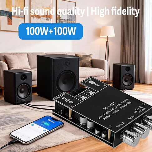 لوحة مضخم الصوت ZK-1002T مع مصدر طاقة DC 24V 5A، 100W×2 2.0 قناة بلوتوث أمبير مع تحكم ثلاثي وباس، 12-24V DC، مدخلات BT وAUX، بدون كلمة مرور لمكبرات الصوت اللاسلكية DIY in Kuwait