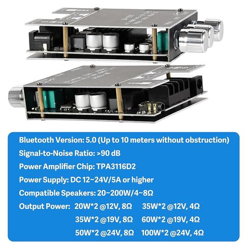 لوحة مضخم الصوت ZK-1002T مع مصدر طاقة DC 24V 5A، 100W×2 2.0 قناة بلوتوث أمبير مع تحكم ثلاثي وباس، 12-24V DC، مدخلات BT وAUX، بدون كلمة مرور لمكبرات الصوت اللاسلكية DIY in Kuwait