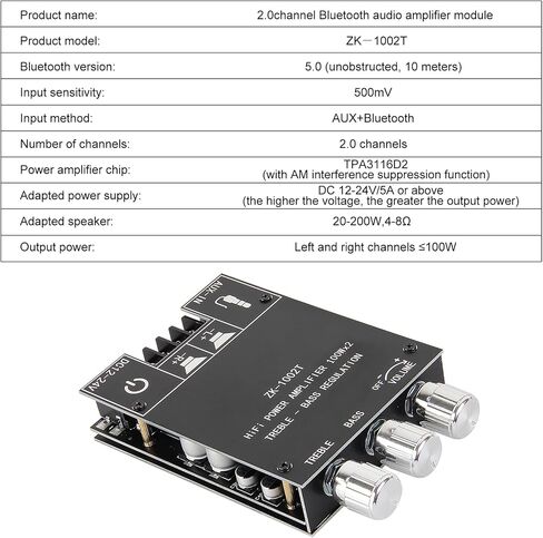 AITRIP 2PCS ZK-1002T لوحة مضخم صوت بلوتوث 2.0CH 100W*2 مضخم صوت صغير مع تحكم ثلاثي وباس، ومدخلات BT وAUX، وحدة AMP ستيريو DC 9-24V لمكبرات الصوت المنزلية DIY in Kuwait