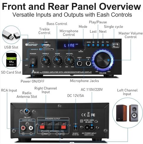 جهاز استقبال ستيريو ومضخم صوت AK45 pro، جهاز تحكم عن بعد متاح، FM وكاريوكي، مدخل USB/SD/RCA/MIC/FM اختياري، نظام ستيريو بلوتوث رقمي ثنائي القناة 5.0/400 وات wiim للمنزل/السيارة in Kuwait