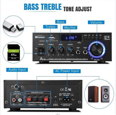 جهاز استقبال ستيريو ومضخم صوت AK45 pro، جهاز تحكم عن بعد متاح، FM وكاريوكي، مدخل USB/SD/RCA/MIC/FM اختياري، نظام ستيريو بلوتوث رقمي ثنائي القناة 5.0/400 وات wiim للمنزل/السيارة in Kuwait