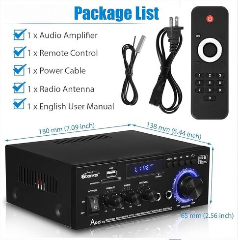جهاز استقبال ستيريو ومضخم صوت AK45 pro، جهاز تحكم عن بعد متاح، FM وكاريوكي، مدخل USB/SD/RCA/MIC/FM اختياري، نظام ستيريو بلوتوث رقمي ثنائي القناة 5.0/400 وات wiim للمنزل/السيارة in Kuwait