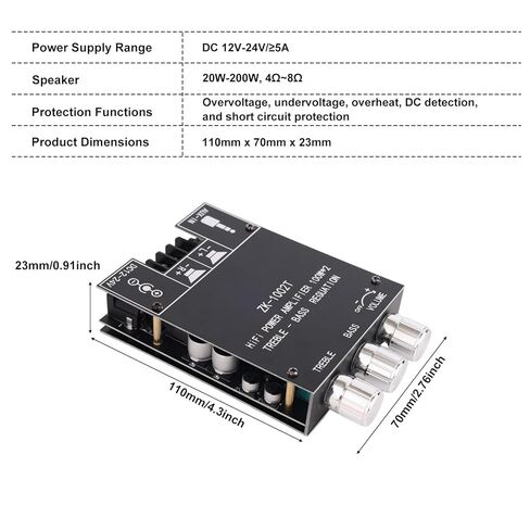 لوحة مضخم صوت بلوتوث ZK-1002T، لوحة مضخم صوت استيريو 100 وات+100 وات 2.0 قناة مع تحكم ثلاثي وباس يدعم مدخل الجهد الكهربي العريض AUX/Bluetooth 12-24 فولت، ويتضمن دليل المستخدم لمكبرات الصوت المنزلية in Saudi Arabia