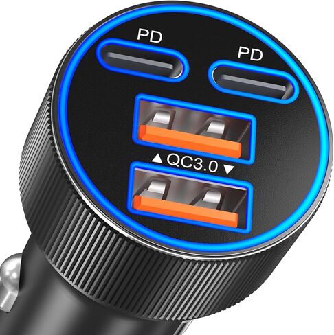 شاحن سيارة USB C، ترقية 90 وات 4 منافذ مزدوجة 12 فولت USB-C وUSB-A شاحن هاتف السيارة متعدد المنافذ QC 3.0/PD45W محول ولاعة سجائر شحن فائق السرعة لهاتف iPhone 17 16 15 14 Pro Max Galaxy Android in Kuwait