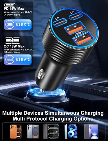 شاحن سيارة USB C، ترقية 90 وات 4 منافذ مزدوجة 12 فولت USB-C وUSB-A شاحن هاتف السيارة متعدد المنافذ QC 3.0/PD45W محول ولاعة سجائر شحن فائق السرعة لهاتف iPhone 17 16 15 14 Pro Max Galaxy Android in Kuwait