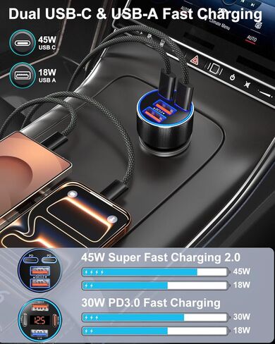 شاحن سيارة USB C، ترقية 90 وات 4 منافذ مزدوجة 12 فولت USB-C وUSB-A شاحن هاتف السيارة متعدد المنافذ QC 3.0/PD45W محول ولاعة سجائر شحن فائق السرعة لهاتف iPhone 17 16 15 14 Pro Max Galaxy Android in Kuwait