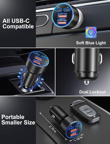 شاحن سيارة USB C، ترقية 90 وات 4 منافذ مزدوجة 12 فولت USB-C وUSB-A شاحن هاتف السيارة متعدد المنافذ QC 3.0/PD45W محول ولاعة سجائر شحن فائق السرعة لهاتف iPhone 17 16 15 14 Pro Max Galaxy Android in Kuwait