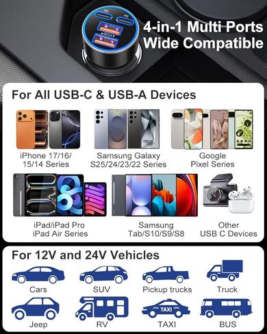 شاحن سيارة USB C، ترقية 90 وات 4 منافذ مزدوجة 12 فولت USB-C وUSB-A شاحن هاتف السيارة متعدد المنافذ QC 3.0/PD45W محول ولاعة سجائر شحن فائق السرعة لهاتف iPhone 17 16 15 14 Pro Max Galaxy Android in Kuwait