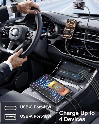 شاحن سيارة USB C، ترقية 90 وات 4 منافذ مزدوجة 12 فولت USB-C وUSB-A شاحن هاتف السيارة متعدد المنافذ QC 3.0/PD45W محول ولاعة سجائر شحن فائق السرعة لهاتف iPhone 17 16 15 14 Pro Max Galaxy Android in Kuwait