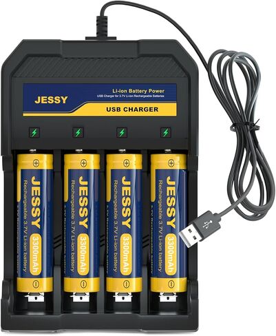 شاحن بطاريات 4 Bay 3.7V مع 4 عبوات (الحجم: 18x65 مم) 3.7V 330 0mAh بطارية مسطحة Ni-MH، شواحن بطاريات USB عالمية ذكية للمصابيح الكاشفة والمصابيح الأمامية، إلخ in Kuwait