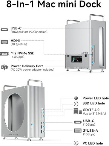 ACASIS 40 جيجابت في الثانية Mac mini M1/M2 Dock & Stand مع حاوية NVMe SSD، الألومنيوم Mac mini Hub، 4K60 هرتز HDMI، 2X10G USB A، 10G USB C، PD 30W، SD/TF 4.0، ملحقات Mac mini لـ Intel/M1/M2/M2 Pro in Saudi Arabia